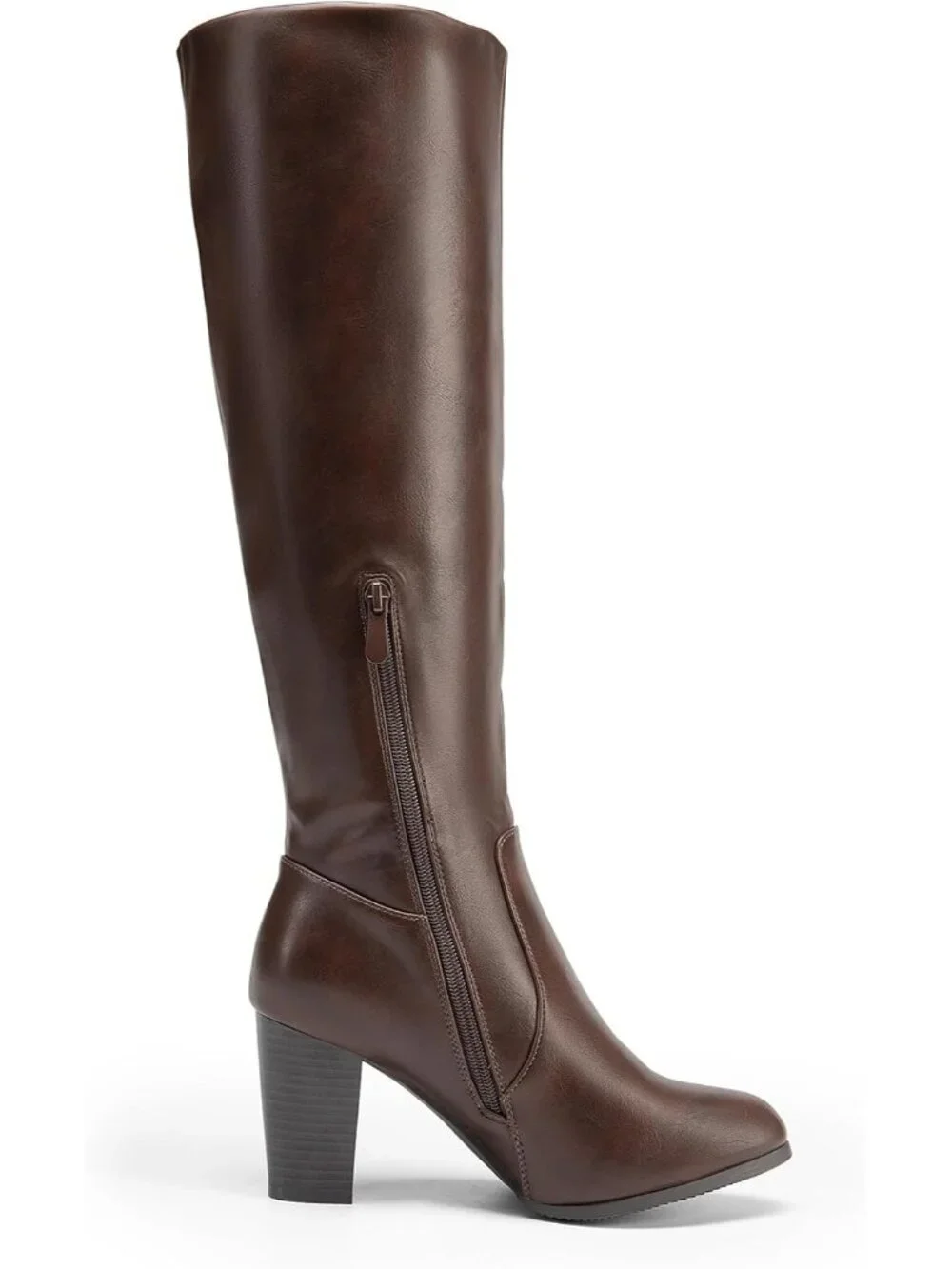 Women's Brown Pu Faux Fur Lined Square Toe Side Zipper Knee High Riding Boots